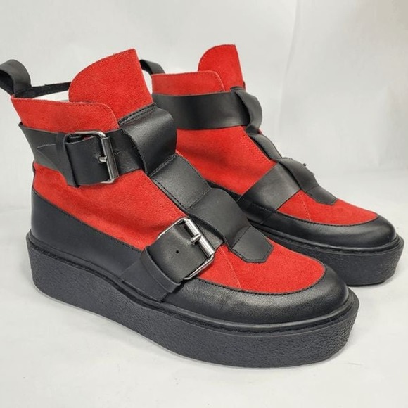 Free People Collection Cortina Red and Black Platform Ankle Boots Sz 39 US 8 - Picture 1 of 9